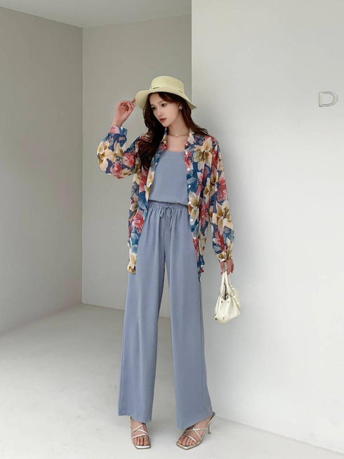 Summer Floral Shirts With Tang Tops and Trousers sets